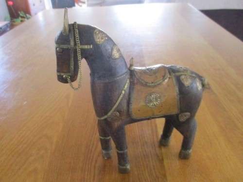 TWO VERY OLD HAND CRAFTED WOODEN HORSES WITH COPPER AND BRASS INLAYS FROM INDIA/MIDDLE EAST