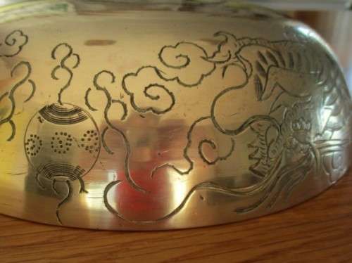 FOR FRANS ONLY - VINTAGE  HEAVY (1.4Kg) CHINESE BRASS BOWL - TWO DRAGONS CHASING FLAMING PEARL