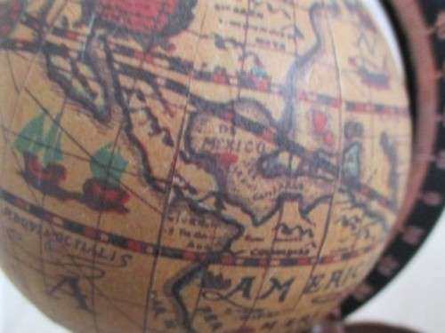 SMALL ORNAMENTAL "OLDE WORLD" GLOBE ON WOODEN STAND