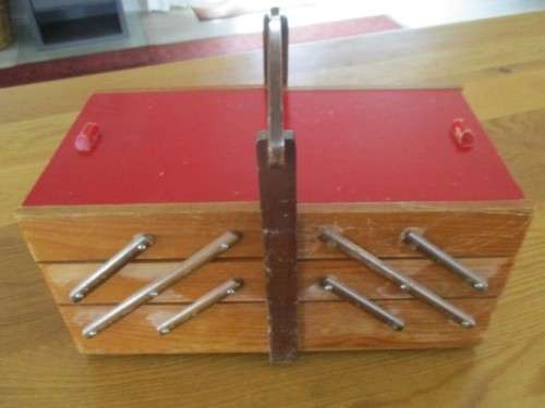A  VINTAGE WOODEN FOLD-OPEN SEWING BOX - VERY STURDY BUT WOOD NEEDS SANDING  ON OUTSIDE