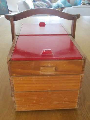 A  VINTAGE WOODEN FOLD-OPEN SEWING BOX - VERY STURDY BUT WOOD NEEDS SANDING  ON OUTSIDE
