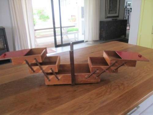 A  VINTAGE WOODEN FOLD-OPEN SEWING BOX - VERY STURDY BUT WOOD NEEDS SANDING  ON OUTSIDE