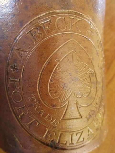 ANTIQUE VICTORIAN STONEWARE GINGER BEER BOTTLE MADE BY BARNETT & FOSTER LONDON FOR A. BECK & SON, PE