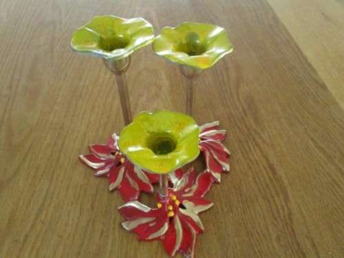 SOMETHING FESTIVE FOR CHRISTMAS - PAINTED BRASS 3-CANDLE CANDLESTICK,  SMALL SANTA ,3 UNUSED CANDLES