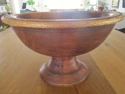 FOR WERNER ONLY - VERY LARGE SOLID WOOD FOOTED FRUIT BOWL WITH WOVEN BASKET WORK EDGING