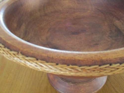 FOR WERNER ONLY - VERY LARGE SOLID WOOD FOOTED FRUIT BOWL WITH WOVEN BASKET WORK EDGING