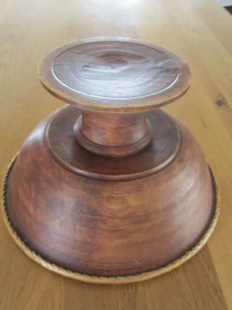 FOR WERNER ONLY - VERY LARGE SOLID WOOD FOOTED FRUIT BOWL WITH WOVEN BASKET WORK EDGING