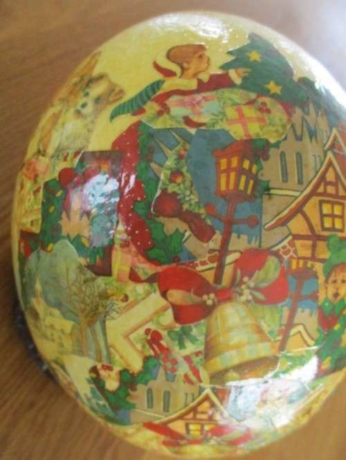VINTAGE DECOUPAGED OSTRICH EGG WITH VICTORIAN CHRISTMAS SCENES