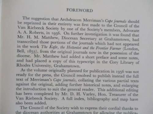 1957 - THE CAPE JOURNALS OF ARCHDEACON N.J. MERRIMAN 1848 - 1855