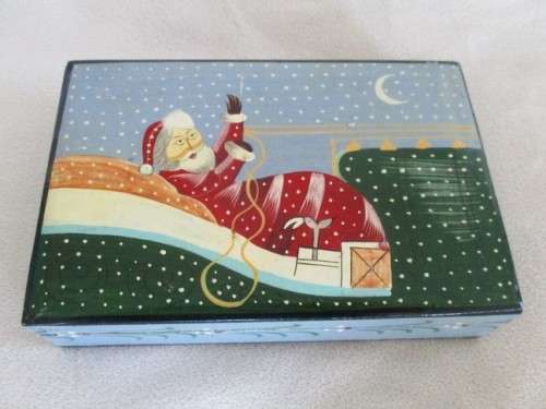 1. -  HAND PAINTED LACQUERED WOODEN TRINKET BOX WITH SANTA