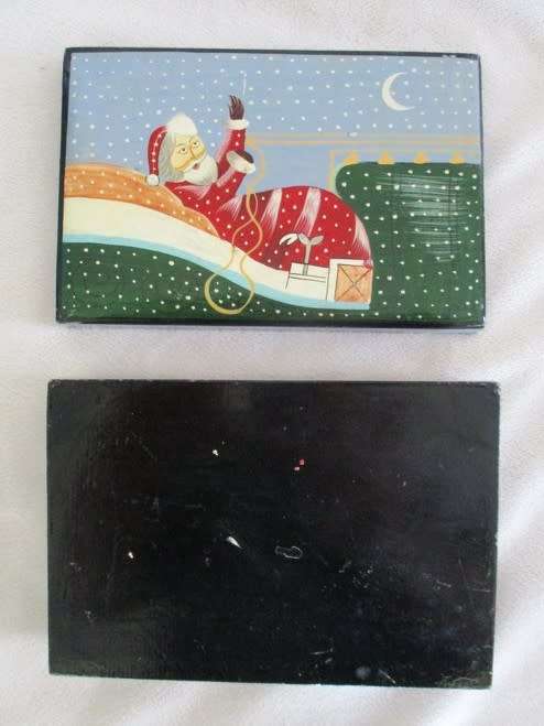 1. -  HAND PAINTED LACQUERED WOODEN TRINKET BOX WITH SANTA