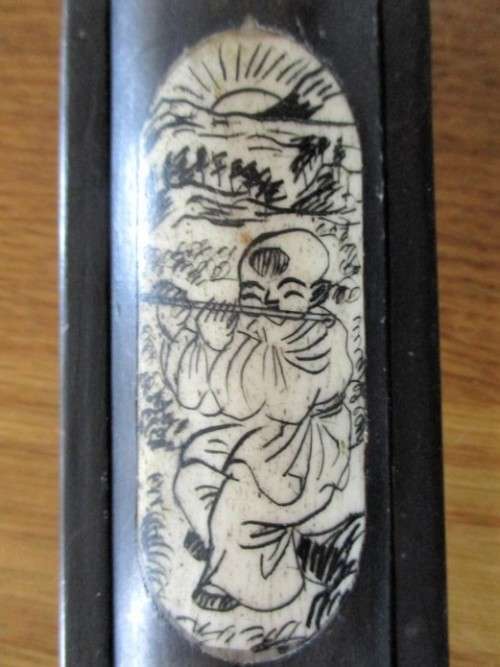 FOR SOMARI ONLY WOODEN CHINESE SLIDING BOX WITH IVORY/BONE SCRIMSHAW INLAYS & 2 CHOPSTICKS?HAIRPINS?