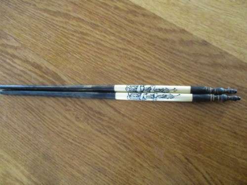 FOR SOMARI ONLY WOODEN CHINESE SLIDING BOX WITH IVORY/BONE SCRIMSHAW INLAYS & 2 CHOPSTICKS?HAIRPINS?