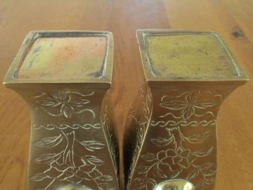 TWO STUNNING VINTAGE CHINESE HAND ENGRAVED BRASS VASES - SOLID AND HEAVY