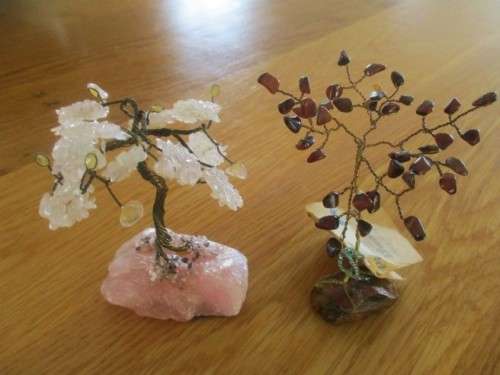 TWO SMALL ORNAMENTAL GEMSTONE TREES - ONE TIGER'S EYE AND ONE ROSE AND WHITE QUARTZ