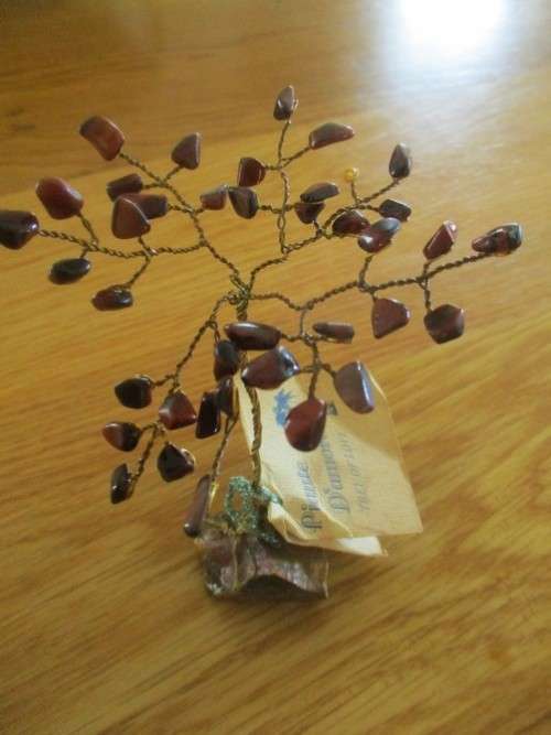 TWO SMALL ORNAMENTAL GEMSTONE TREES - ONE TIGER'S EYE AND ONE ROSE AND WHITE QUARTZ