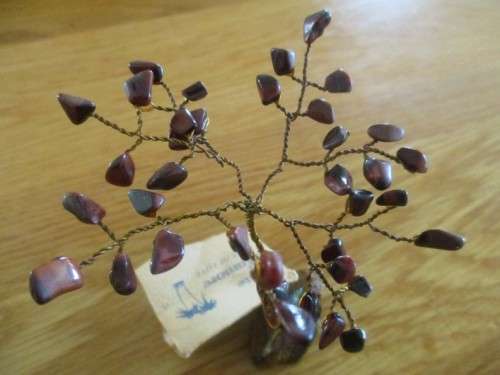 TWO SMALL ORNAMENTAL GEMSTONE TREES - ONE TIGER'S EYE AND ONE ROSE AND WHITE QUARTZ