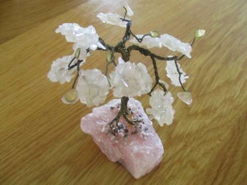 TWO SMALL ORNAMENTAL GEMSTONE TREES - ONE TIGER'S EYE AND ONE ROSE AND WHITE QUARTZ