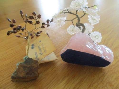 TWO SMALL ORNAMENTAL GEMSTONE TREES - ONE TIGER'S EYE AND ONE ROSE AND WHITE QUARTZ