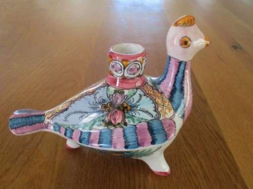 VINTAGE STUDIO ART PEACOCK CANDLESTICK - K.N. SKYROS, GREECE - SIGNED