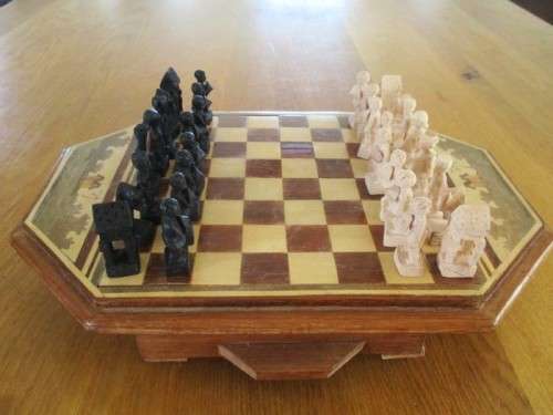FOR THE COLLECTOR - ANTIQUE HAND WHITTLED CHESS SET - COMPLETE - POW CEYLON??