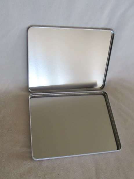 FOUR PRETTY FLAT TINS TO STORE KNICK KNACKS LIKE HANKIES, SCARVES, CARDS ETC