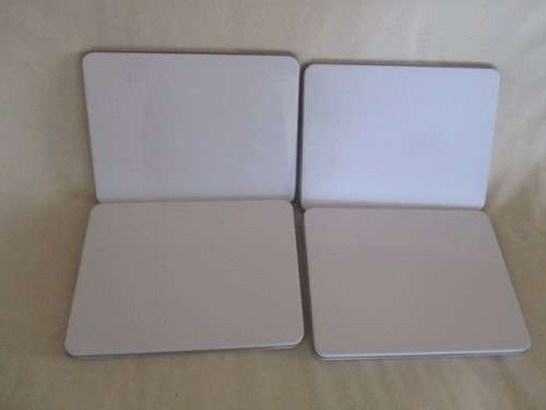 FOUR PRETTY FLAT TINS TO STORE KNICK KNACKS LIKE HANKIES, SCARVES, CARDS ETC