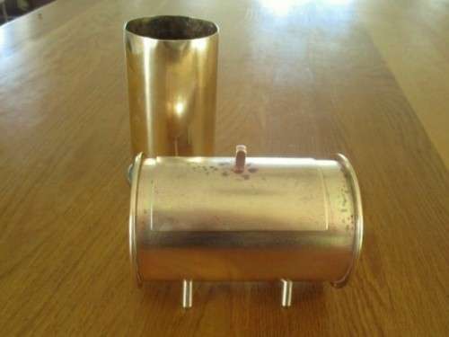 TWO WW1 CANNON SHELLS (ONE COVERTED TO TRENCH ART) DATED APRIL 1913