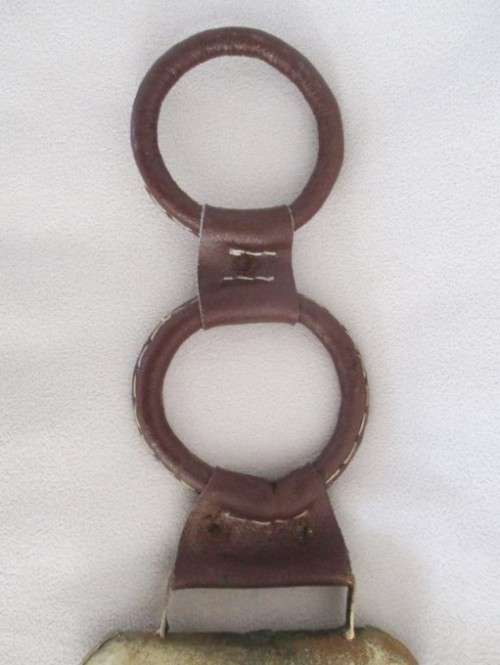 LARGE VINTAGE SWISS COW BELL WITH UNUSUAL LEATHER STRAP - LOVELY TONE!