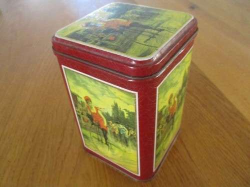 PRETTY COFFEE TIN WITH GIRL ON PENNY FARTHING BICYCLE