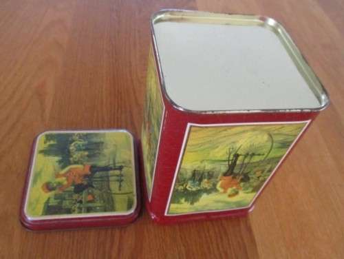 PRETTY COFFEE TIN WITH GIRL ON PENNY FARTHING BICYCLE