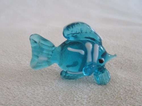 FOUR SMALL BLUE GLASS ORNAMENTS  - FISH, 2X FROGS AND TURTLE(GREAT CONDITION)