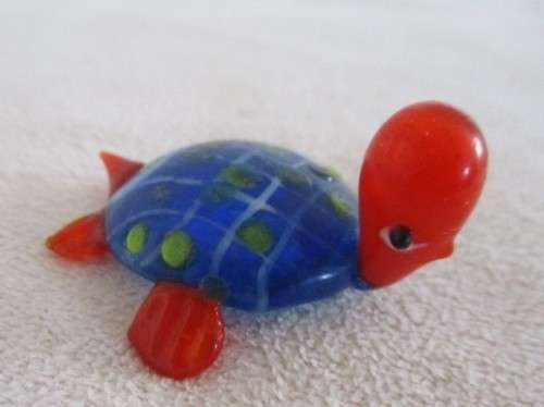 FOUR SMALL BLUE GLASS ORNAMENTS  - FISH, 2X FROGS AND TURTLE(GREAT CONDITION)
