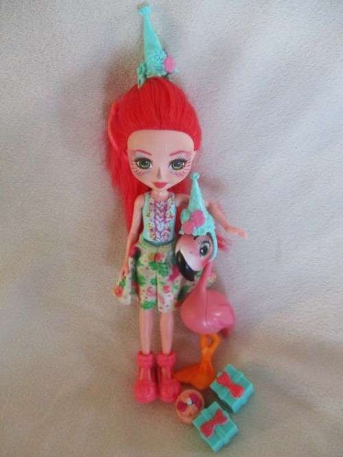 CUTE MATTEL ENCHANTIMENTS LET'S FLAMINGLE  DOLL WITH HER PET FLAMINGO, FANCI AND SOME ACCESSORIES