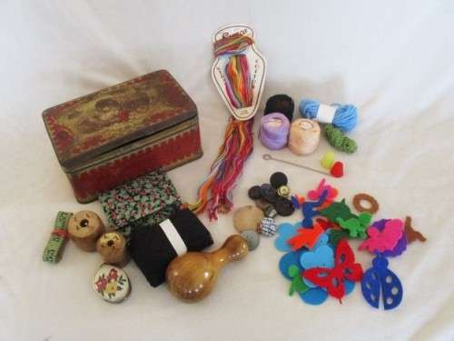 VERY OLD AND RARE OXWAGON MAZAWATTEE TIN FILLED WITH INTERESTING VINTAGE SEWING ITEMS