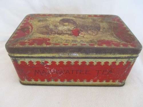 VERY OLD AND RARE OXWAGON MAZAWATTEE TIN FILLED WITH INTERESTING VINTAGE SEWING ITEMS