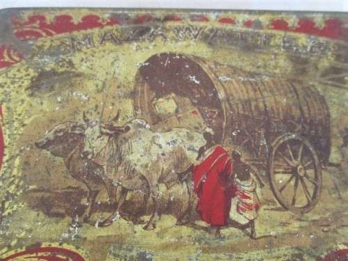 VERY OLD AND RARE OXWAGON MAZAWATTEE TIN FILLED WITH INTERESTING VINTAGE SEWING ITEMS