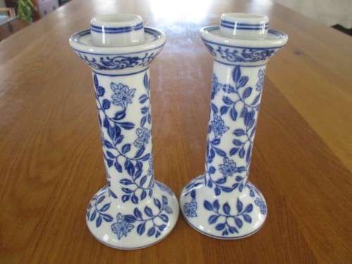 TWO VERY ATTRACTIVE, NICE-SIZED BLUE AND WHITE PORCELAIN CANDLESTICKS