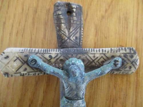 ANTIQUE BRONZE AND SCRIMSHAWED BONE CRUCIFIX/CROSS WITH LOVELY PATINA AND STRANGE MARKINGS ON BACK