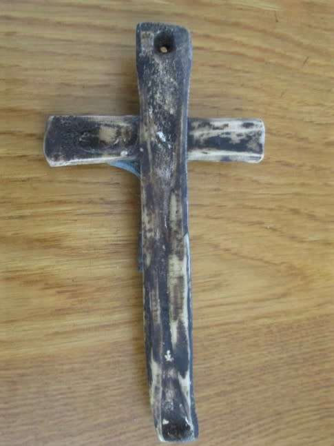ANTIQUE BRONZE AND SCRIMSHAWED BONE CRUCIFIX/CROSS WITH LOVELY PATINA AND STRANGE MARKINGS ON BACK