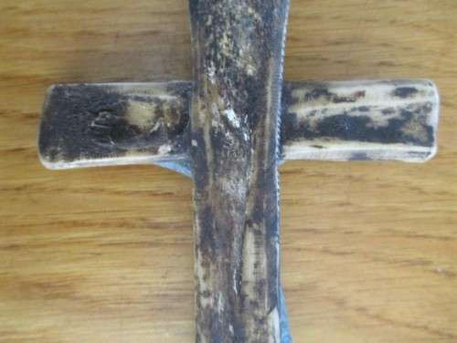 ANTIQUE BRONZE AND SCRIMSHAWED BONE CRUCIFIX/CROSS WITH LOVELY PATINA AND STRANGE MARKINGS ON BACK