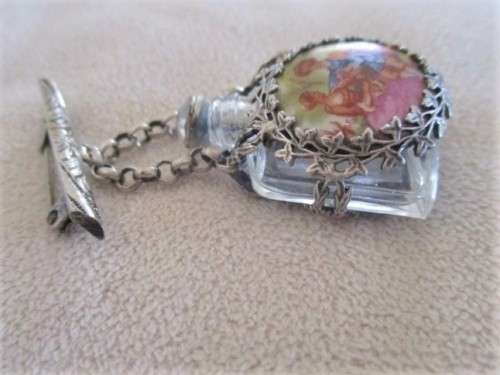 VINTAGE/ANTIQUE FRENCH CHATELAINE PERFUME BOTTLE/PIN WITH ROMANTIC SCENE AND FILIGREE
