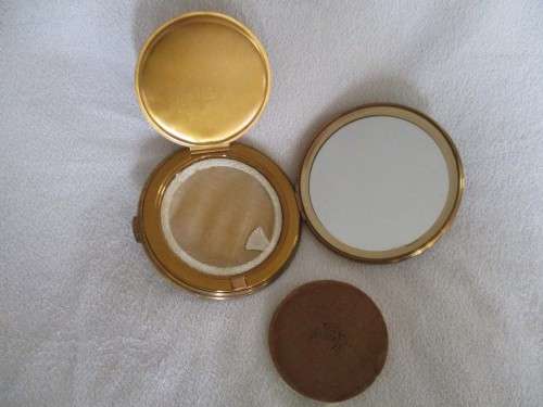 RARE AND UNIQUE - VINTAGE BRITISH  MASCOT POWDER COMPACT ADORNED WITH LUCKY SYMBOLS