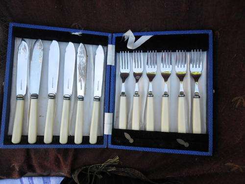 Stunning Bone Handled Fish Cutlery set in Covered Wooden Box