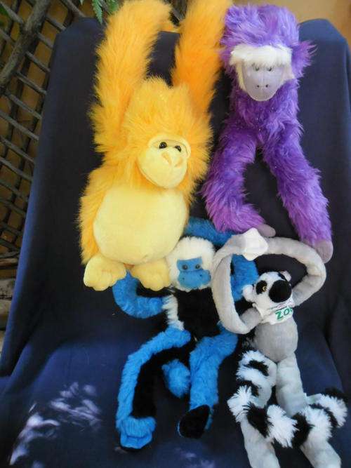 FOUR COLOURFUL HANGING MONKEYS