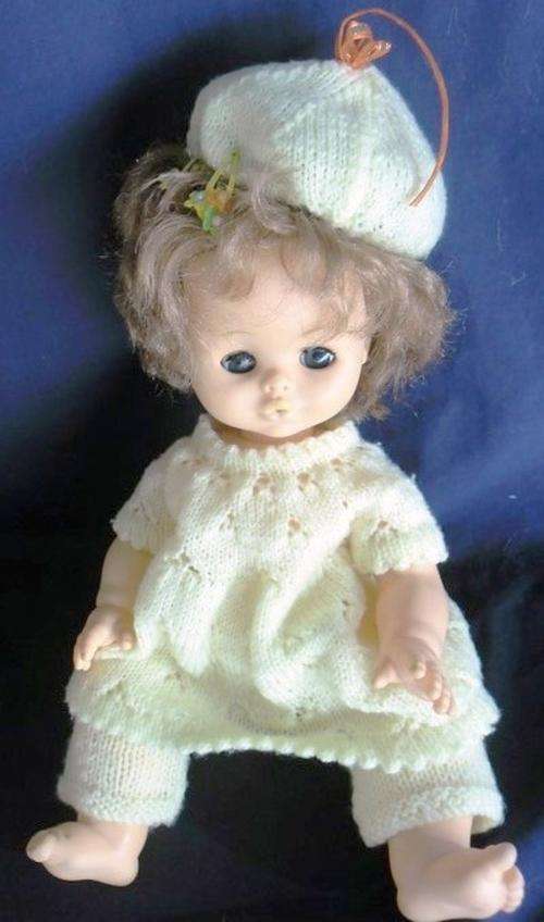 SWEET VINTAGE DRINK AND  DOLL IN KNITTED OUTFIT!!  1970's???