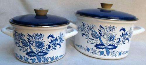 TWO VINTAGE BLUE AND WHITE  ENAMEL POTS (JACOBEAN DESIGN) IN VERY GOOD CONDITION!!