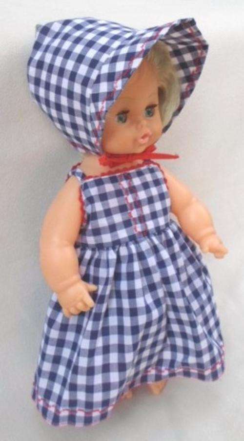CUTE VINTAGE DOLL IN HER GINGHAM DRESS AND BONNET!!