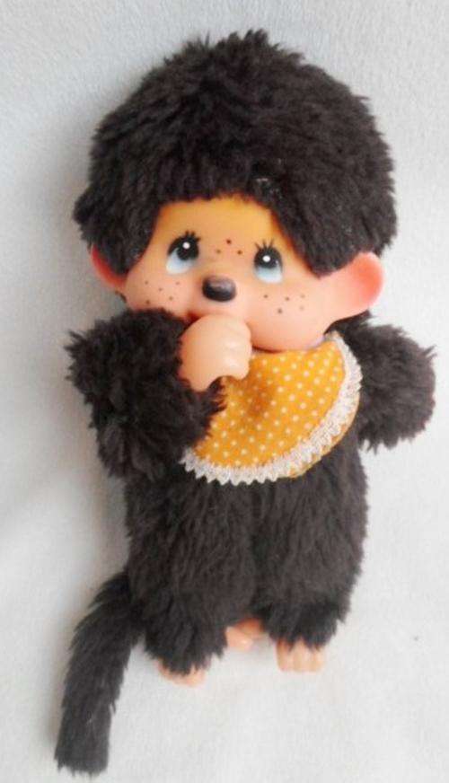 UNUSUAL DARK BROWN THUMB-SUCKING MONCHHICHI MONKEY WITH BIB!!