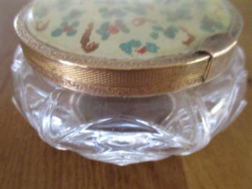 VINTAGE PRESSED GLASS TRINKET BOX WITH HAND PAINTED LID